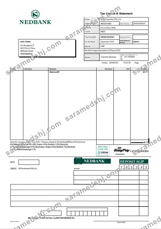 South Africa Nedbank statement Word and PDF template